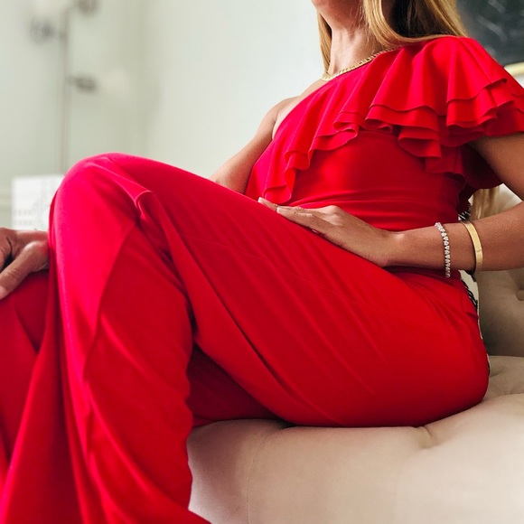 Lauren Ralph Lauren Vibrant Red One Shoulder Ruffle Top Jumpsuit